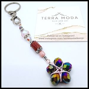 Terra Moda Designs - Floral Beaded Gemstone Keychain in Pink / Brown Tones